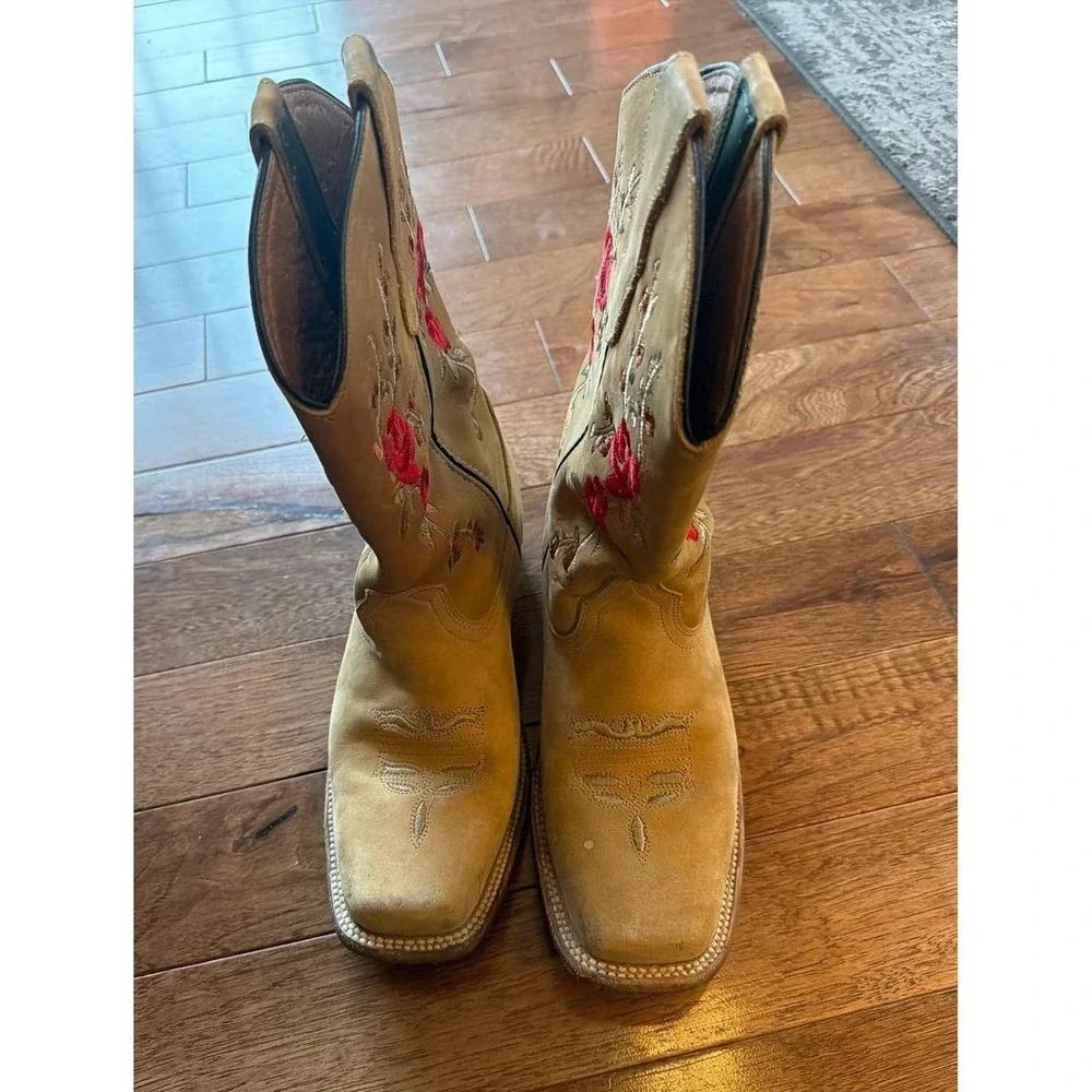 Tan Embroidered Rose Square Toe Western Boots Halcones Size 6